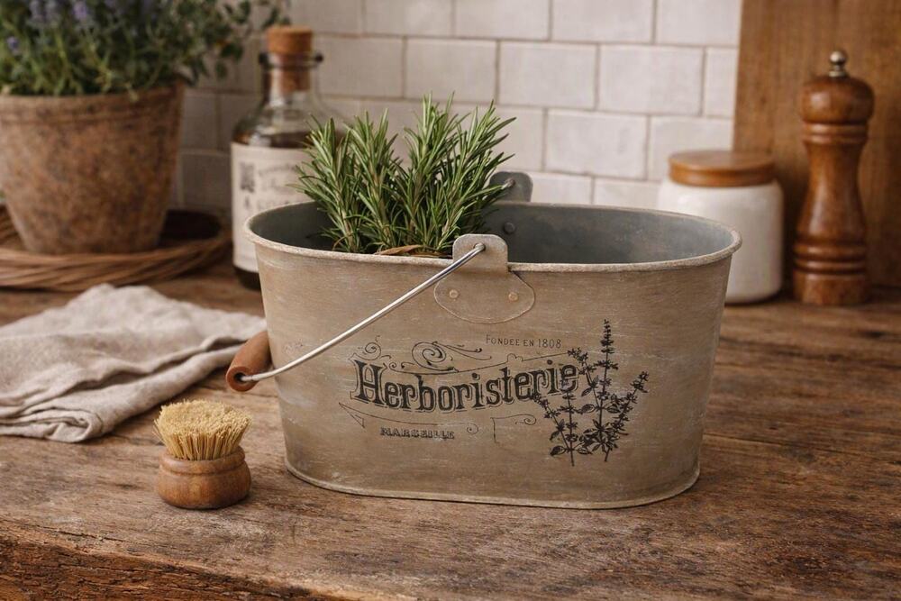 Upcycled Vintage Style Metal Bucket Rustic French Country Farmhouse Herb Planter